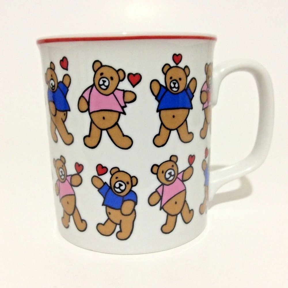 COFFEE mug cup pink blue dancing teddy bears